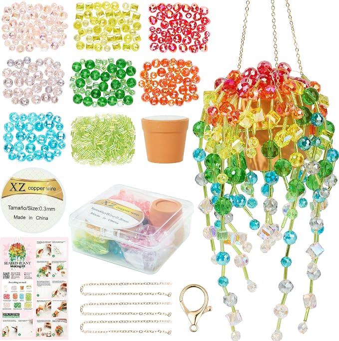 Beaded Plant Kit, Real Crystal Suncatcher Craft Kit with Tutorials | Suncatcher Craft Kit with Pot, Chain, Faux Moss, Air Dry Clay, Instruction Booklet & Video Tutorial