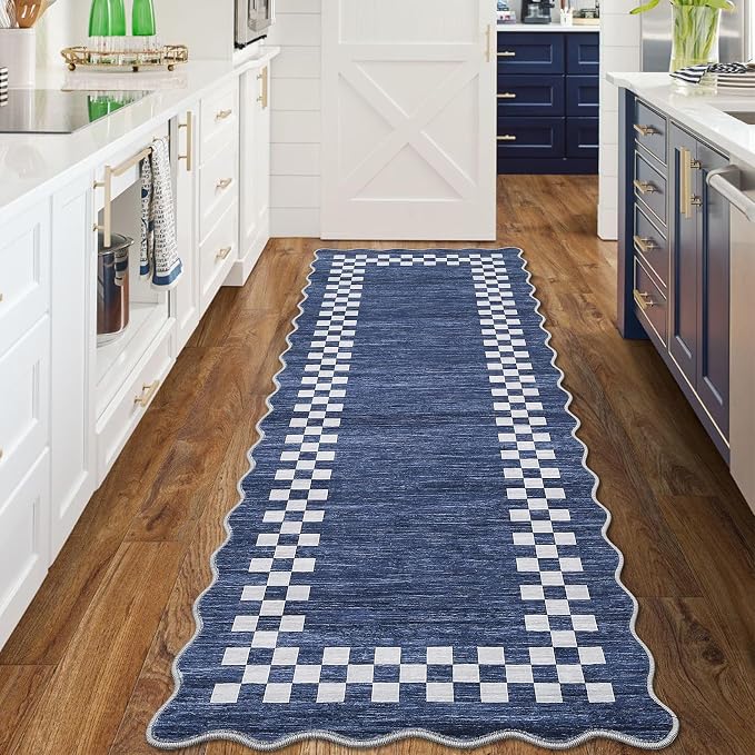 GarveeHome Hallway Runner Rug 2x6 Scalloped Washable Rug for Kitchen Entry | Non Slip Stain Resistant Modern Border Throw Floor Carpet Long Runner Mat for Bathroom Living Room Bedside, Blue