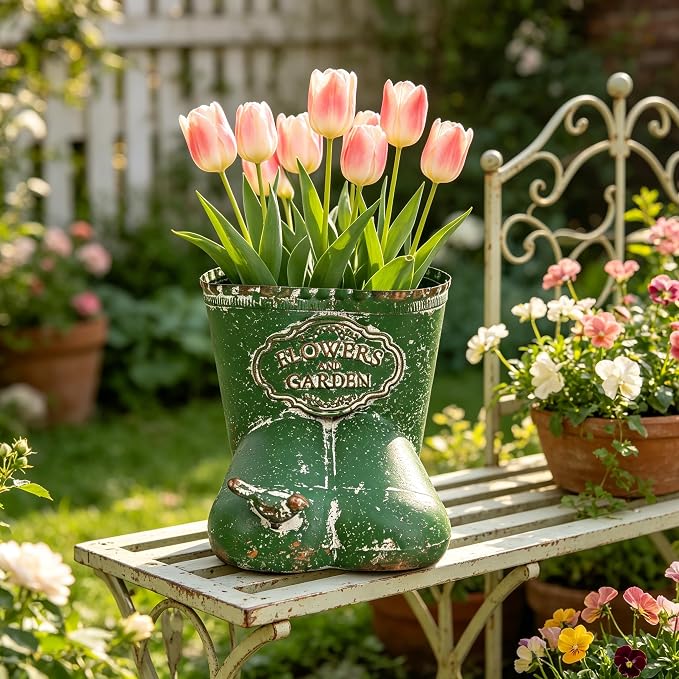 Vintage Distressed Boot Planter, Rustic Flowers & Garden Metal Rain Boot Plant Pot, Farmhouse Succulent Herb Planter for Indoor Outdoor Home Garden Patio Decor (Green - Small)