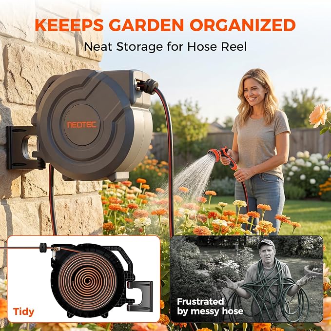 Upgraded Retractable Garden Hose Reel 1/2 inch x 100 ft 9 Pattern Nozzle Heavy Duty Wall-Mounted Any Length Lock Automatic Slow Return 180° Swivel UV Resistant Hose Reels for Outside