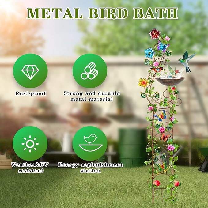YADOOLIFE 57” Bird Bath with Garden Trellis for Climbing Plants Outdoor, Small Decorative Trellises Metal Birdbath Bird Baths, 1 Piece (Butterfly)