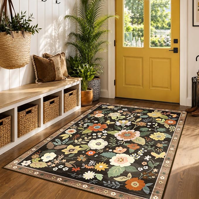 RELEANY Floral Washable 3x5 Area Rugs Black/Yellow | Flower Carpet, Print, Boho, Non-Slip, Easy to Clean, Soft, Low Pile for Living Room Bedroom Kitchen Office Entryway Hallway
