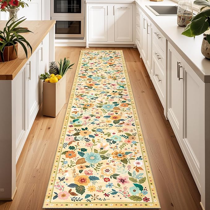 Floral Washable 2x10 Area Rugs Runner Entryway Hallway Yellow/Orange | Flower Carpet, Print, Boho, Non-Slip, Easy to Clean, Low Pile, Soft, for Living Room Bedroom Kitchen Office Entrance