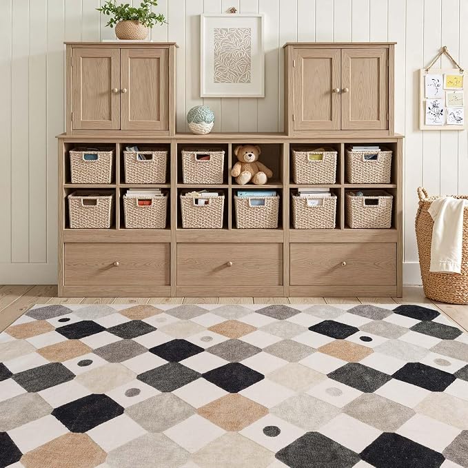 jinchan 5x7 Nursery Rug Washable Kids Playroom Rug Black and White Marble | Soft, Non-Slip, Cute, Kid-Friendly, Checkered Diamond, Play Mat, Black White on Cream, Classroom, Bedroom, Dorm, Living Room