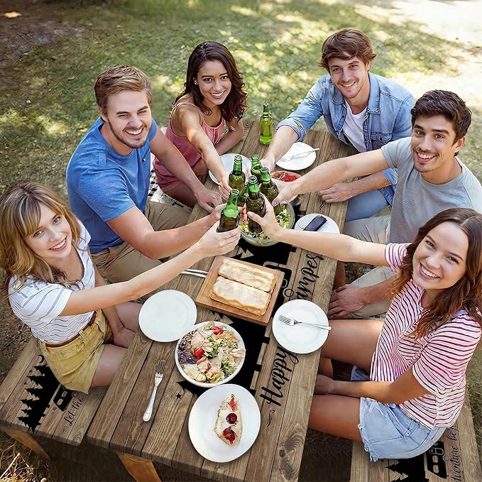 Picnic Table Cover with Bench Covers Elastic Edges Camping Essentials 4 Pcs Wood Grain Waterproof Oil-Proof Tablecloth with Handbag for RV Accessories Farmhouse Camping Rustic Party Decor 72 IN