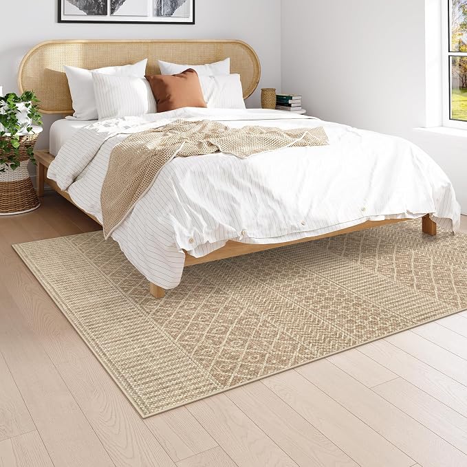Lahome Farmhouse Washable 5x7 Area Rug for Bedroom, Non-Slip, Beige/Brown | Boho Textured Neutral, Ultra-Thin, Low-Pile, Geometric, Modern, Moroccan, Bedroom Dining Room Living Room Nursery
