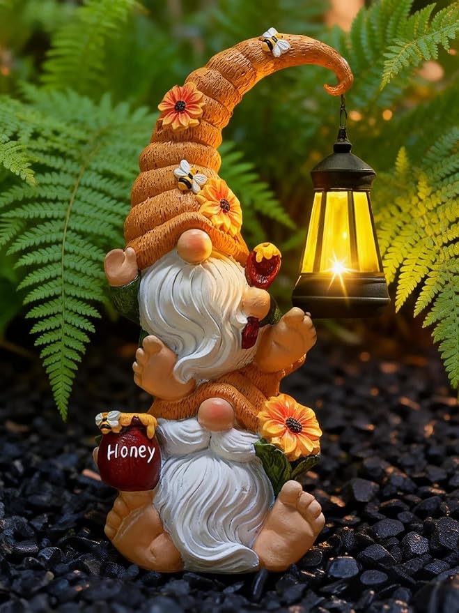 Solar Bee Garden Gnomes with LED Lantern, 12.2-Inch Outdoor Statue | Hand-painted weather-resistant resin decor for patio, lawn, porch and yard; gift for women, moms, grandmas, bee lovers