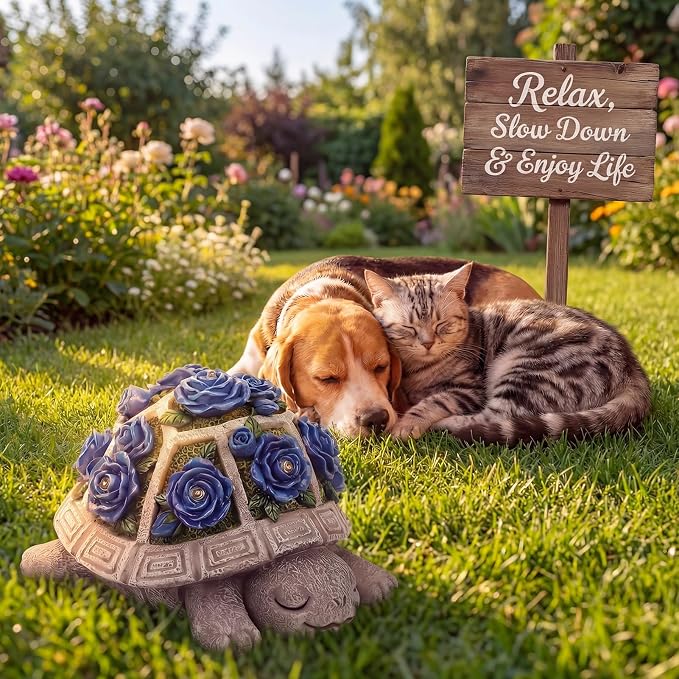 Solar Garden Outdoor Decor Turtle Statue with Dark Blue Roses & 7 LED Lights – Outside Tortoise Decor for Yard Patio Balcony & Backyard - Home House Decoration Art- Gift for Women Mom & Grandma