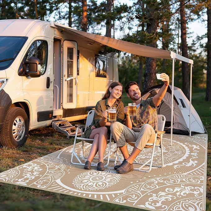 Pauwer Waterproof Outdoor Rug 9x12, Reversible Plastic Straw Patio Camping Rug, Indoor Outdoor RV Mat Carpet for Deck, Camper, Porch, Balcony, Backyard, Picnic, Paisley Brown