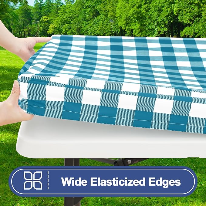 Smiry Picnic Table Cover with Bench Covers, Waterproof Elastic Fitted Tablecloths for 5 Foot Rectangle Tables, Washable Buffalo Plaid Tablecloth for Camping, Outdoor (Turquoise & White, 30"x60")