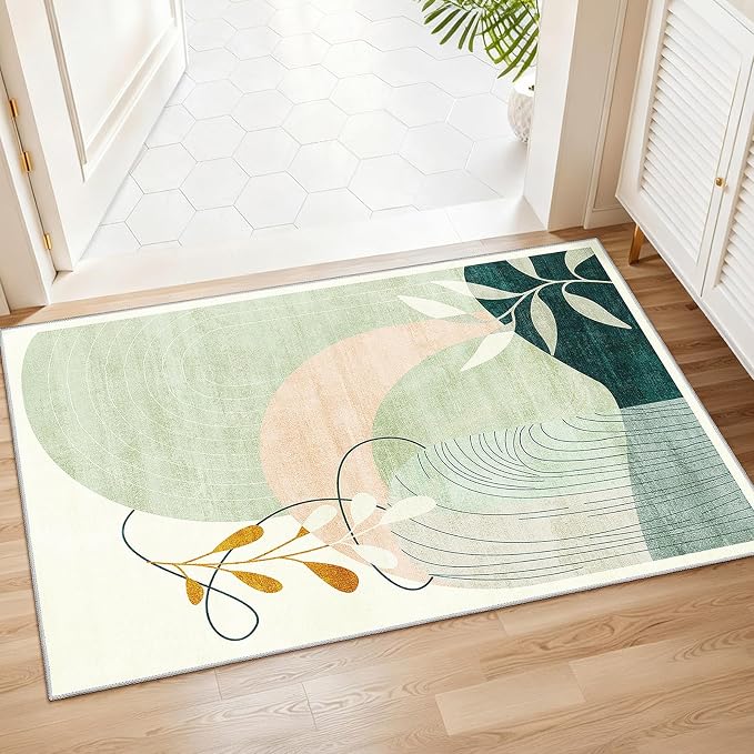 2x3 Washable Rug Small Area Rugs Non Slip Mid Century Modern | Throw Carpet for Bathroom Entryway Entry Entrance Bedroom Bedside Floor Indoor Boho Abstract Retro Geometric Green