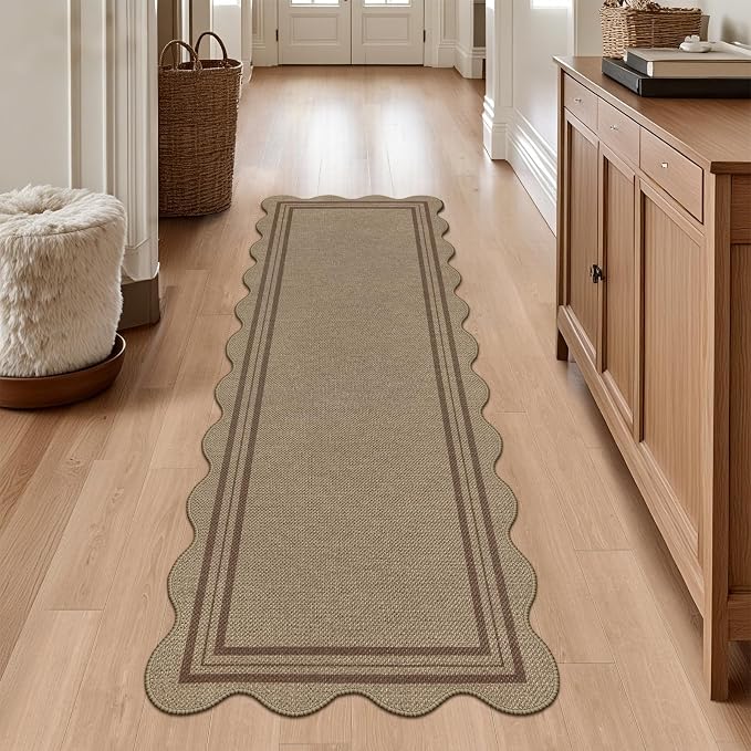 Scalloped Easy Jute 2x6 Kitchen Runner Rug, Washable Rugs for Entryway Non Slip Outdoor Indoor Long Rug, Farmhouse Morden Carpet for Hallway Bedroom