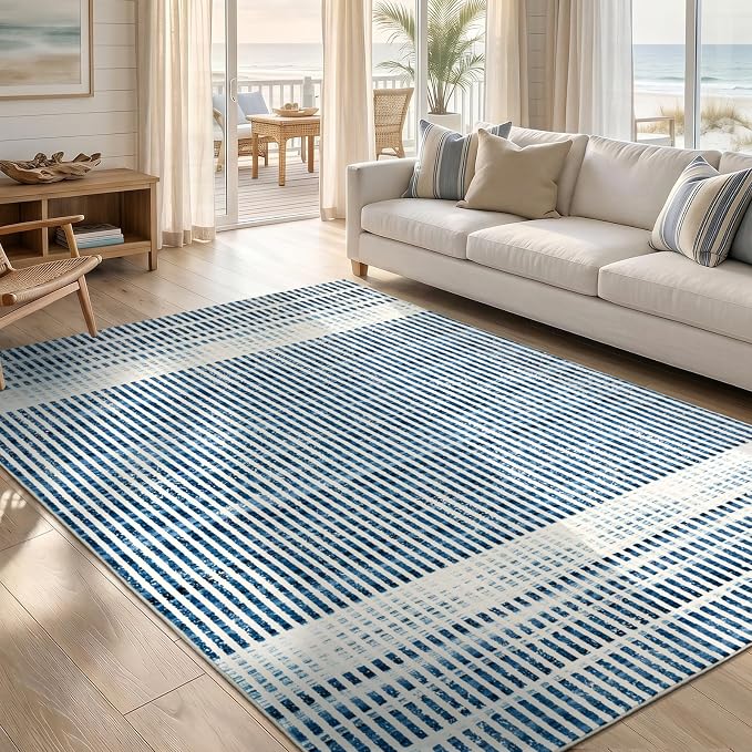 Washable 5x7 Modern Striped Area Rug, Abstract Living Room Rug | Beige Blue, Soft Low Pile, Skin Friendly, Non-Slip for High Traffic, Bedroom Vintage Coastal Nautical Style Home Decor