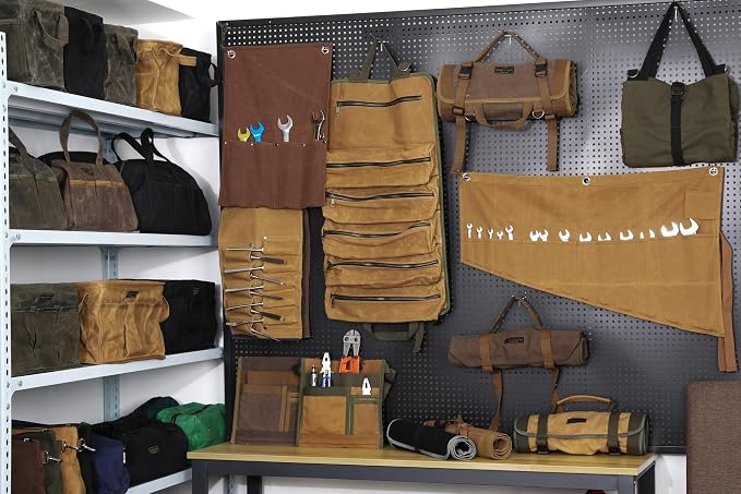 Heavy Duty 16oz Waxed Canvas Tool Bag, Rectangle Foldable Open Top Tool Bags with Handles,7 Pockets &13.8 x 7.8 x 7.8 Inches 3-Pack (Khaki)