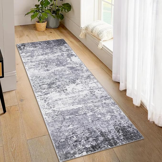 ROYHOME Modern Abstract 2x8 Runner Rug Washable,Light Grey | Non Slip Stain Resistant Rug for Hallway Kitchen Bedroom Non Shedding Low Pile Indoor Floor Cover