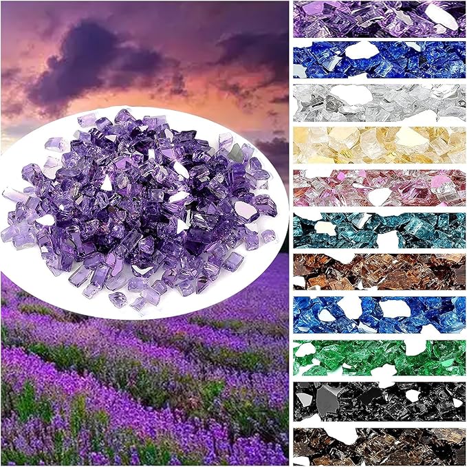 Onlyfire 10 lbs Fire Glass Rocks 1/2 Inch, Reflective Tempered Glass for Propane Fire Pit & Gas Fireplace, High Luster Firepit Glass Stones for Fire Table, Purple (Multicolor Options Available)