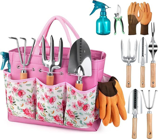 Grenebo Gardening Tools 9-Piece Heavy Duty Garden Hand Tools with Fashion and Durable Garden Tools Organizer Handbag, Rust-Proof Garden Tool Set, Ideal Gardening Gifts for Women (Pink)