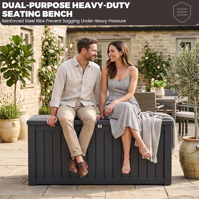 Outdoor Storage Box, 150 Gallon Waterproof Deck Box [Upgraded 3.0], Piston-Assisted Resin Trunk for Sectional Sofa Cushions, High-Capacity Lockable Double Storage Bench, Patio Lounge, Black
