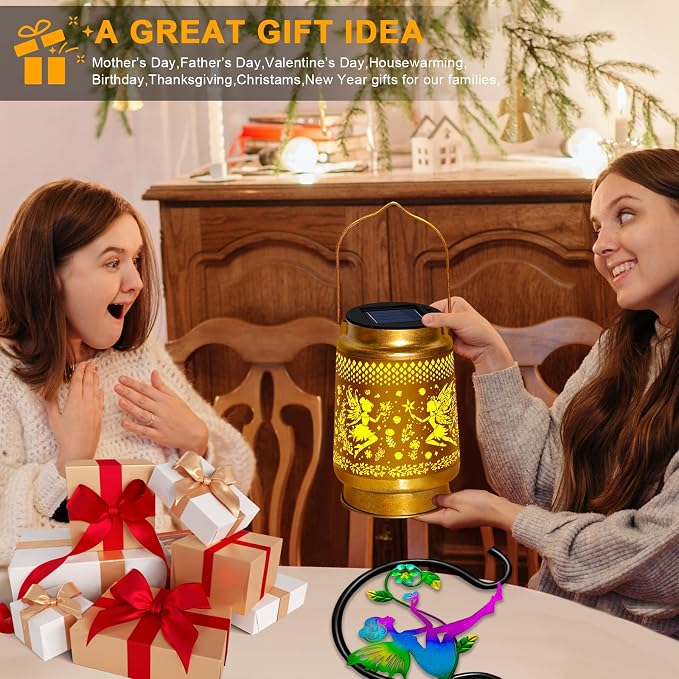 2 Packs Fairy Solar Lanterns Outdoor Waterproof with Shepherd Hook,Hanging Solar Lights Fairy Garden Decor,Christmas Decorations Gifts for Women Grandma,Metal Decorative Lanterns for Yard,Patio,Porch
