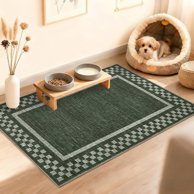 GarveeHome Small Washable Area Rug 2x3 Modern Checkered Entry Bedroom Rug | Solid Color Scalloped Kitchen Rugs Non Slip Stain Resistant Bordered Throw Carpet for Living Room Nursery Laundry, Green