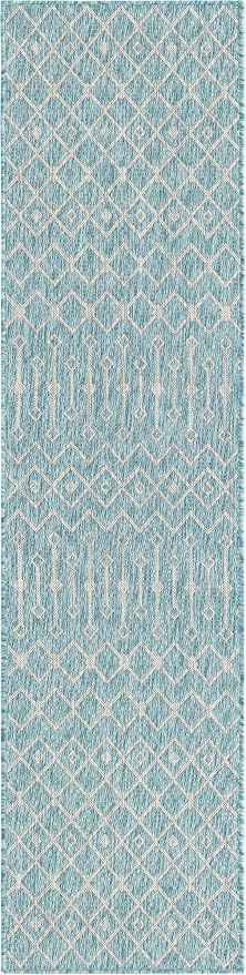 Unique Loom Outdoor Trellis Collection Area Rug - Tribal Trellis (2' x 8' Runner, Aqua/ Ivory)