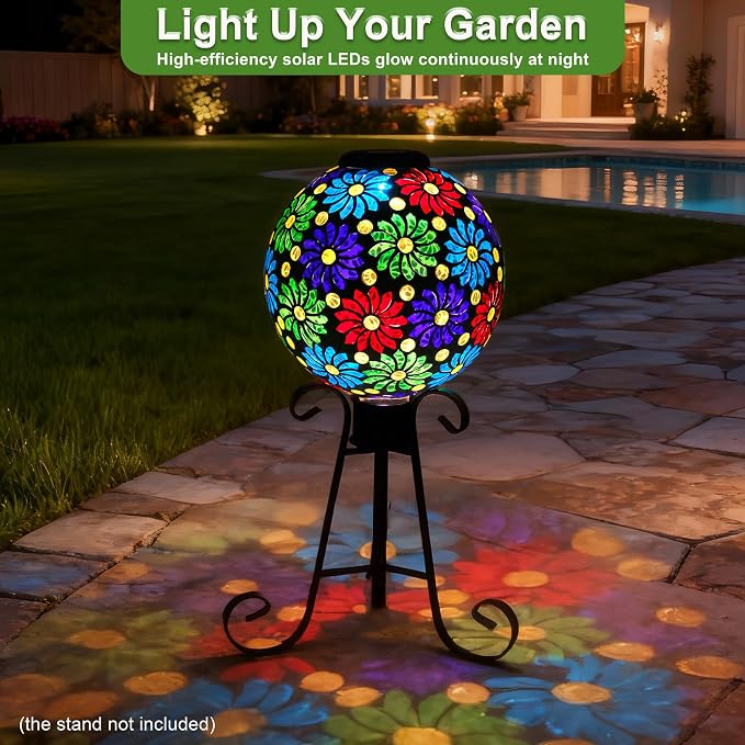 SAVENNA Mosaic Solar Gazing Ball 10 Inch,Glass Garden Globe with Auto On/Off for Yard, Lawn & Outdoor Decor,Multi-Color
