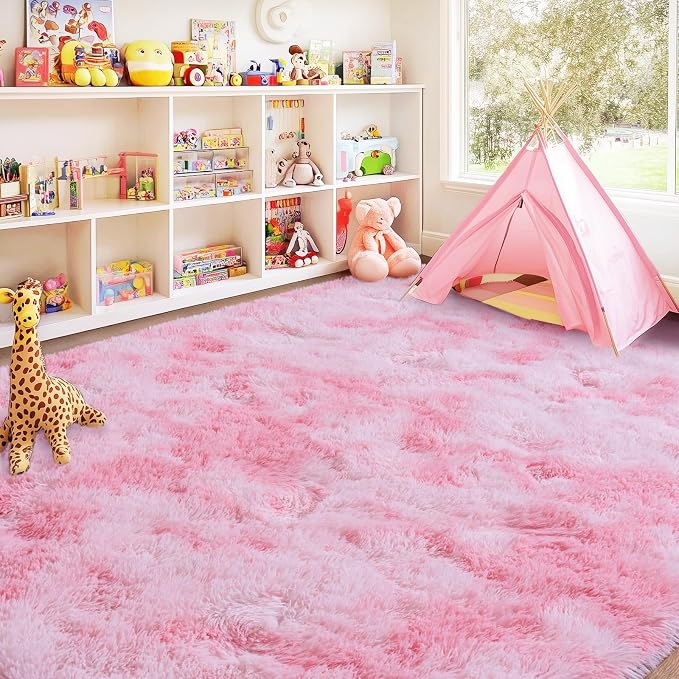 8x10 Area Rugs for Living Room, Large Ultra Fluffy Fuzzy Shag Rug for Bedroom, Modern Plush Soft High Pile Upgrade Non-Slip Carpet for Kids Girls and Boys Room Dorms Decor, Tie-Dyed Pink