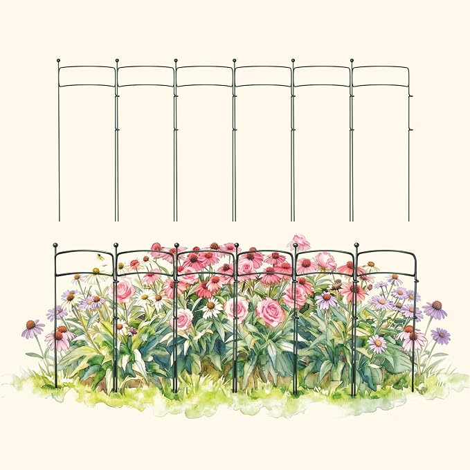 6 Pack Curved Plant Support Stakes, Dual Half Round Metal Garden Plant Stake, Peony Cages and Supports, 10"(W) x 34" (H) Flower Support Ring for Peonies, Hydrangea