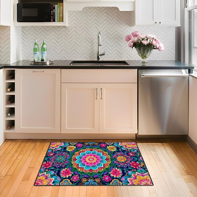 Vibrant Multicolor Mandala Floral 2x3 Entry Rug,Washable Small Rugs for Entryway Kitchen Bathroom Door Mat Indoor Entrance,Non Slip Rubber Backing,Stain & Fade Resistant,Boho Psychedelic Decor