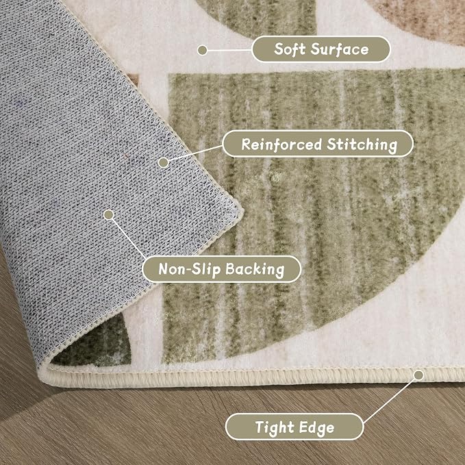 3x5 Rug Washable,Boho Area Rugs Small Non Slip Modern Abstract | Machine Washable Throw Carpet for Bedroom Entryway Living Room Bedside Soft Low Pile Bohemian Vintage Green and Brown