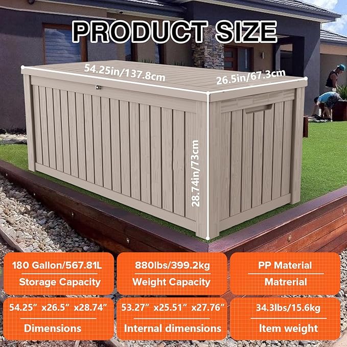 Outdoor Storage Box, 180 Gallon Waterproof Deck Box, Piston-Lift Tall Standing Cabinet for Oversized Cushions, Lockable Deep Tool Organizer Storage Bench, Large Lawn, Grey