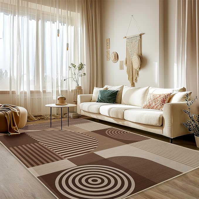 Area Rug 5x7 Brown Geometric Rug for Living Room Machine Washable Minimalist Mid Century Modern Rugs Non Slip Low Pile Large Dining Room Indoor Floor Carpet for Bedroom Kitchen Office,Brown