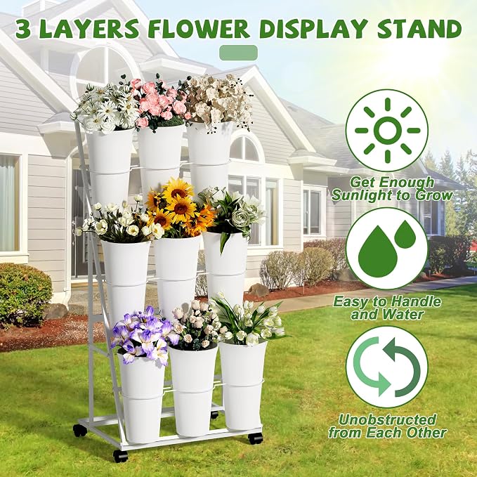 Invech Flower Display Stand with 9 Buckets, 3 Tier Flower Cart Display Stand and Wheels for Indoor Outdoor Garden, Wedding, Flower Shop (White)