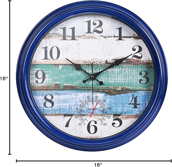 Large Outdoor Clock Waterproof with Thermometer Vintage Rustic Coastal Clock for Pool Garden Patio (16 Inch)