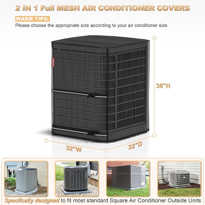 LXKCKJ Full Mesh Top Air Conditioner Cover for Outside Units- 2 in 1 Central Air conditioner Cover with 420D Waterproof Fabric and Textilene, Outdoor AC Covers Defender (Black-32x32x36)
