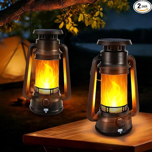 Toodour Solar Lantern Outdoor Lights, 2 Pack Vintage Solar Camping Lantern with 2 Modes, Dual Charging Solar/USB Waterproof Hanging Solar Light for Camping Patio Garden Yard Porch Outdoor Indoor Decor