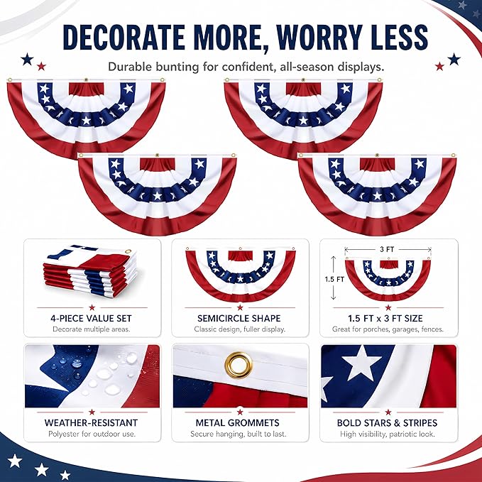 4 Pack USA Pleated Fan Flags - 1.5x3FT American Flag Bunting for Outside, Red White Blue Bunting Banner with Brass Grommets, Patriotic Porch Decor for Independence Day, July 4th, Memorial Day