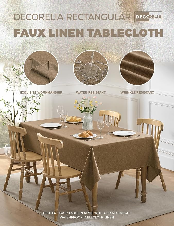 Decorelia Faux Linen Farmhouse Table Cloth 60"x84" for Rectangle Table, Coffee Waterproof Outdoor Washable Cloth Tablecloth for Rectangular Dining Room Kitchen Outdoor Party Restaurant Decor