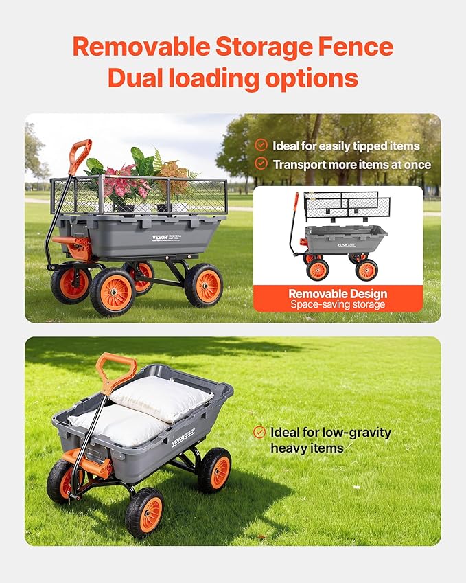 VEVOR 800LBS 7 CU.FT Poly Garden Cart Dump Wagon, Heavy Duty 4 Wheel Wheelbarrow with 10" Flat Free Tires, Yard Cart Dump Wagon with Removable Raised Sides and Quick-Release System