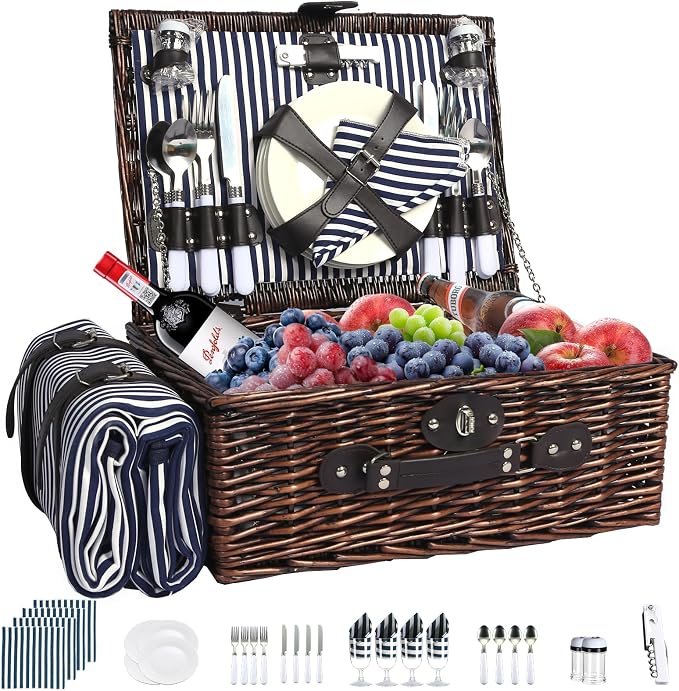 Picnic Basket Set for 4 with Waterproof Blanket Mat Insulation Bag Wicker Navy Blue Vintage Classic Gift for Christmas Thanksgiving Wedding Birthday Camp Outdoor Beach Travel