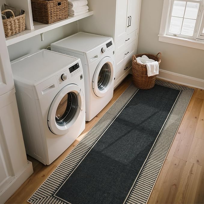 Moynesa Washable Black Striped Border Easy Jute Runner Rugs 2.5x8, Entryway Rug Runners for Kitchen, Farmhouse Indoor Outdoor Non Slip Carpet for Hallways Bathroom Bedroom Laundry