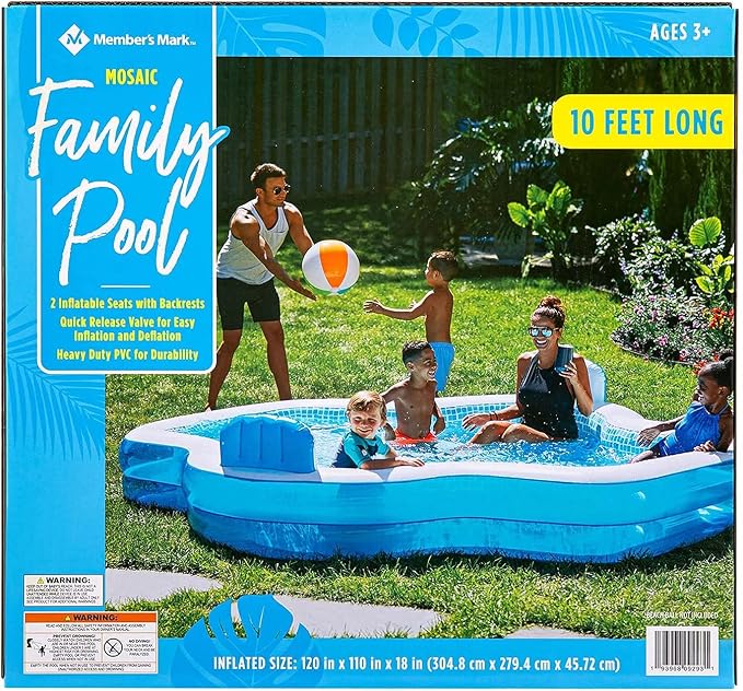 Members Mark Elegant Family Pool 10 Feet Long 2 Inflatable Seats with Backrests. New Version