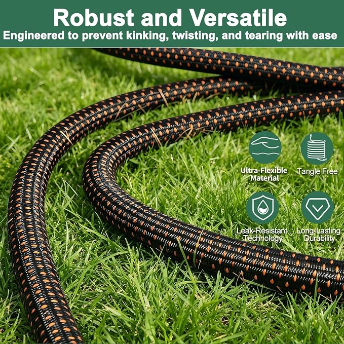 100FT Flexible Garden Hose & 10Modes Nozzle,Lightweight Water Hose,Kink-Free,All-Weather 3/4 in. NoneExpanding Hose for RV,Boat,Car Wash,Garden,Yard,Camper,Outdoor (100Ft,Orange-Black)