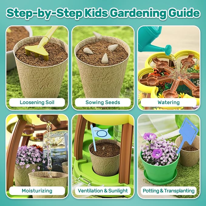 CUTE STONE Kids Gardening Set, Plant Growing Kit with Wheelbarrow, 3 Metal Garden Tools & Kids Grow House with Upgraded Irrigation, Outdoor Indoor STEM Toys for Toddlers 3+