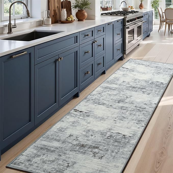 Toneed Washable 2x6 Non-Slip Runner Rug for Hallway Kitchen, Grey | Abstract Soft Modern Low Pile Area Rugs for Bedroom Laundry Living room,Indoor Carpet for Bedside Home Decor