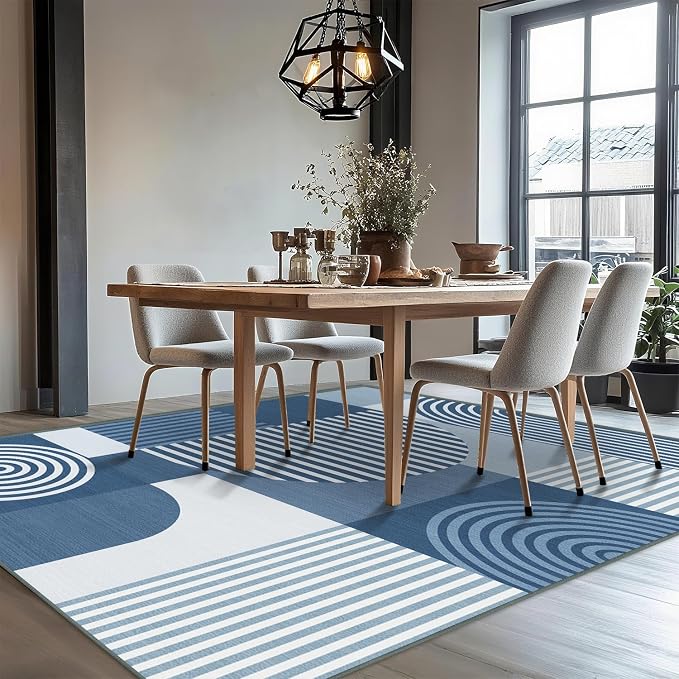 Area Rug 5x7 Blue Geometric Rug for Living Room Machine Washable Minimalist Line Mid Century Modern Rugs Non Slip Low Pile Large Dining Room Indoor Floor Carpet for Bedroom Kitchen Office,Blue