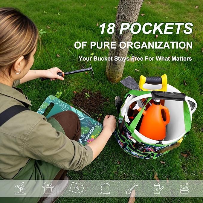 KUNN 5 Gal Garden Bucket Tool Organizer & Kneeling Pad Set, Garden Caddy | 18-Pocket Heavy Duty Garden Caddy, Hangable Handle, Polyester Tool Bag with Grip Handle, Gardening Kneeling Pad for Women