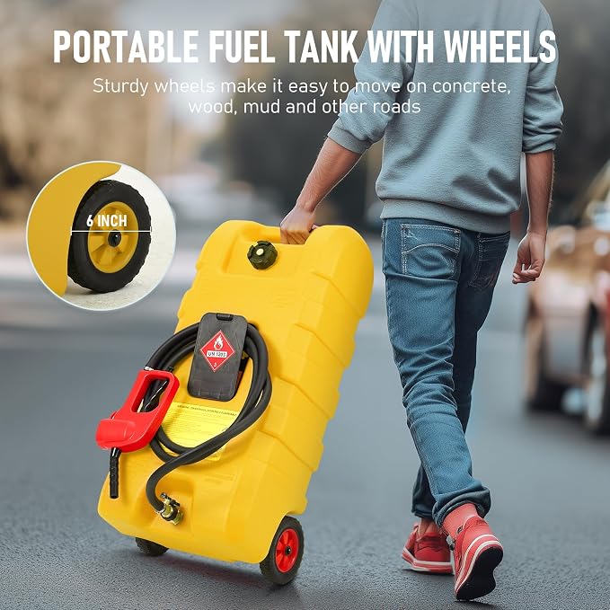 15 Gallon Gas Can, Fuel Tank Container with LE Fluid Transfer Manual Siphon Pump & 10FT Hose, Portable Diesel Gas Storage Caddy with Wheels for Car, ATV, Weeder, Boat, etc., Yellow