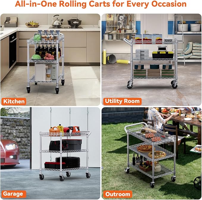 WDT 990Lbs Capacity Heavy Duty Rolling Utility Cart, NSF Rolling Carts with Wheels,Commercial Grade Metal Cart with Handle Bar & Shelf Liner,Trolley Serving Cart for Kitchen,Restaurant,Silver
