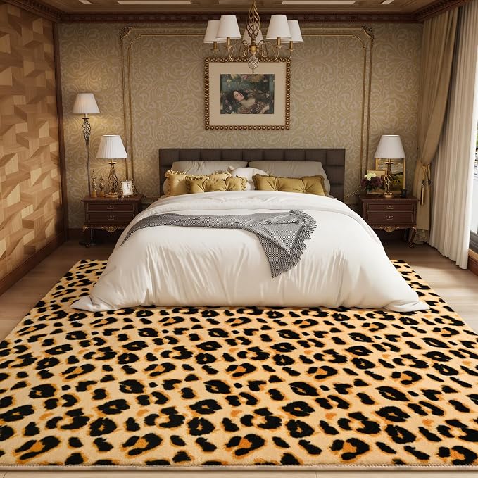 Amearea Soft Leopard Rugs for Bedroom Living Room, 6x9 Cheetah Print Rug | Fluffy Indoor Thickened Memory Foam Rug, Washable Animal Rug Carpet for Kids Boys Girls Dorm Nursery Room Home Decor, Khaki